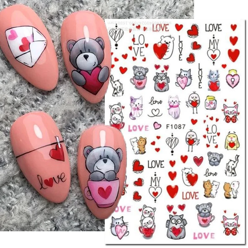 

3d Nail Art Decals Valentine Day Lovely Grey Bears Cute Cats Love Letters Nail Stickers Decoration For Nail Manicure