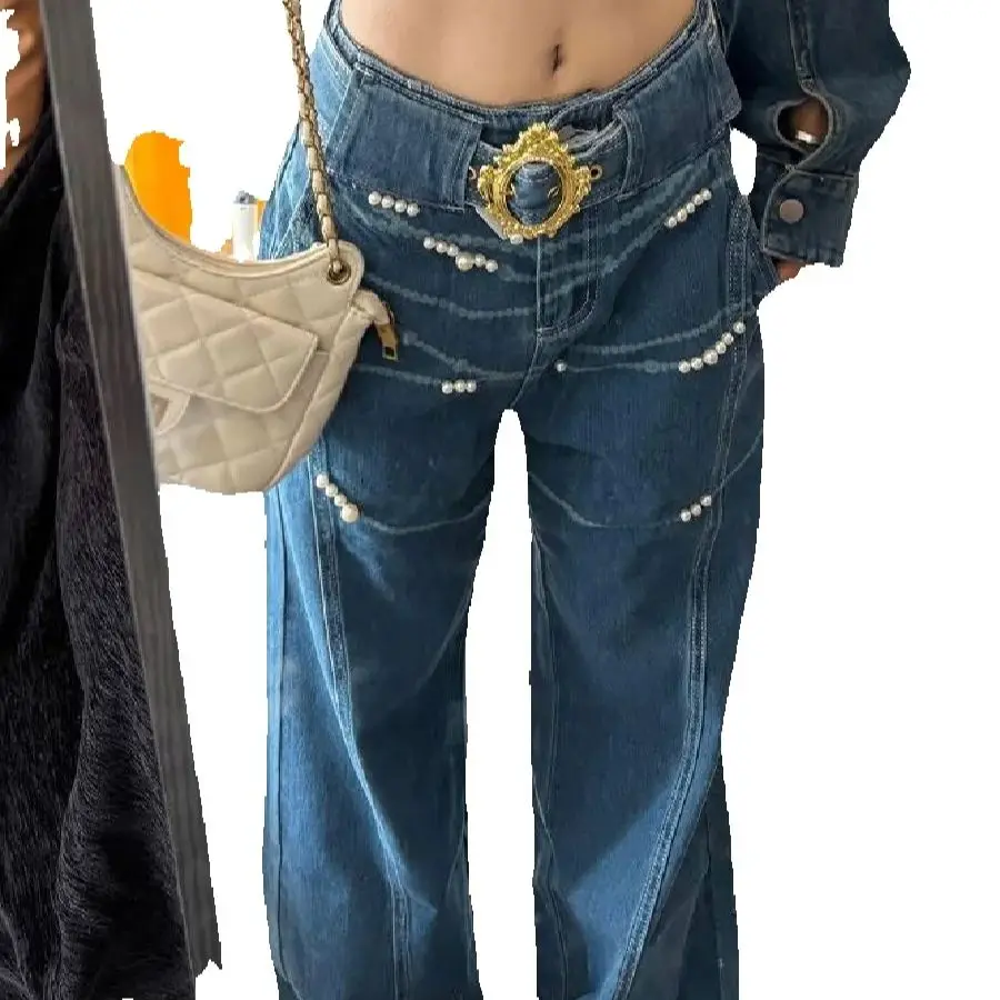 American Retro Washing Pearl Printed Jeans  Women'S Summer New Design Slim Versatile Straight Trousers
