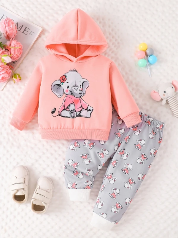 Primavera otoño bebé niña dibujos animados elefante estampado polar sudadera estampado al azar pantalones largos lindo conjunto de dos piezas para niños pequeños
