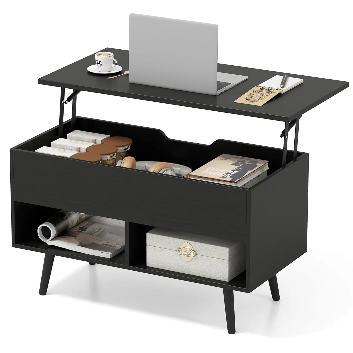 

Lift Top Coffee Table, Modern Cocktail Table With Hidden Compartment & 2 Open Shelves, Flip Top Center Table,, Customized