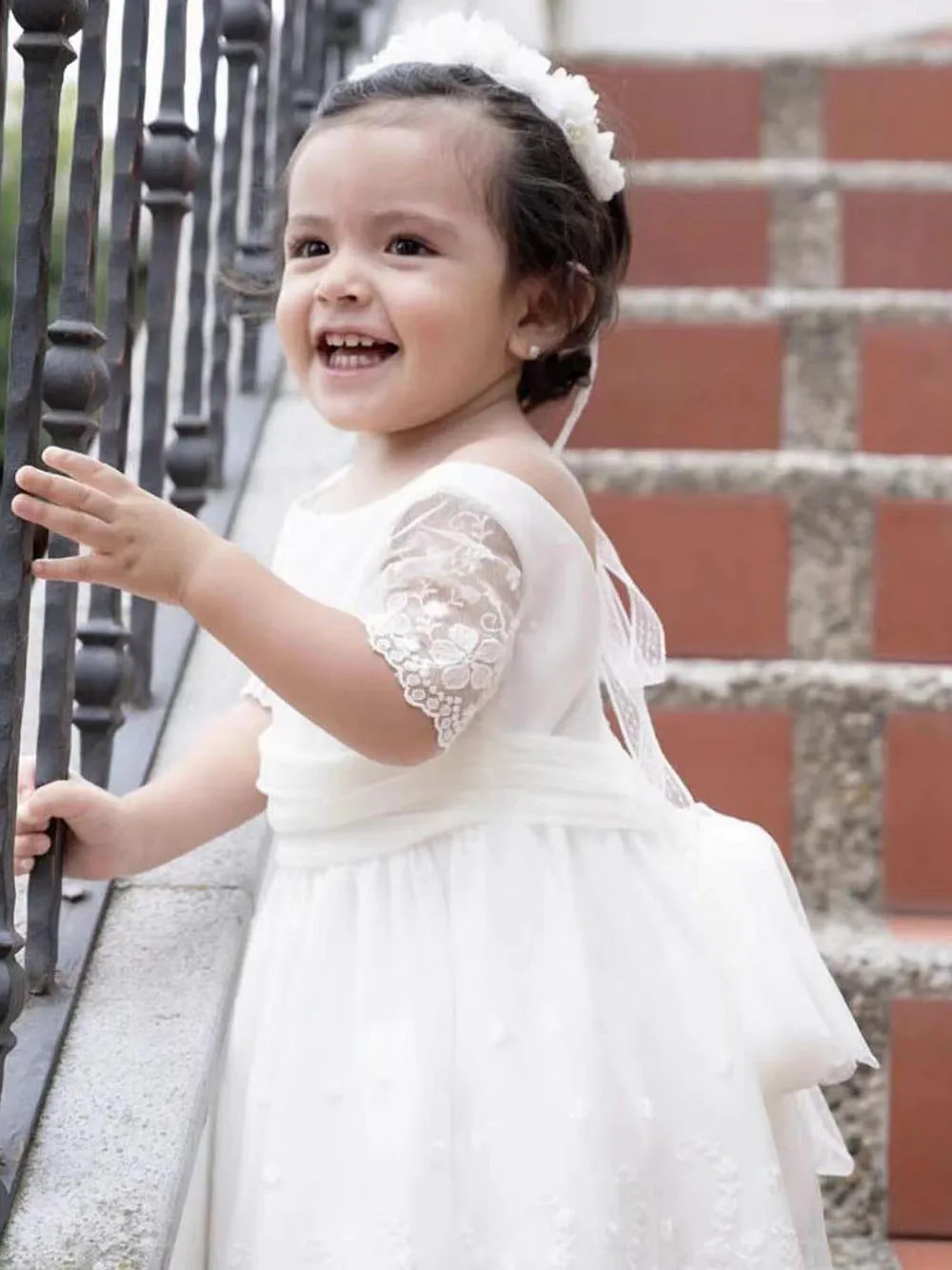 Vintage First Communion Dress Half Sleeve White Lace Flower Girl Dress Bow Sash Tulle Long Child Wedding Party Birthday Vestido