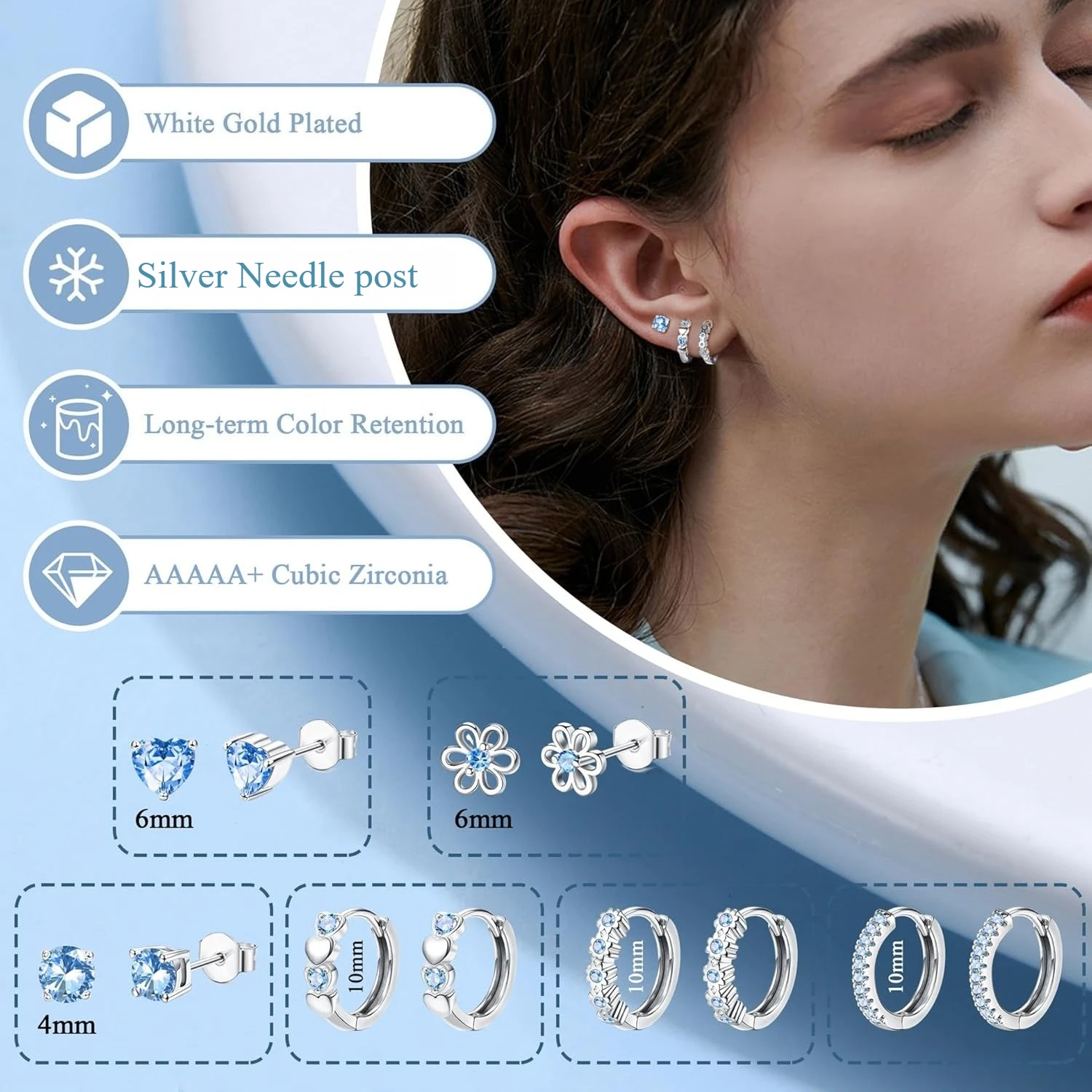 أقراط إبرة فضية للنساء هيبوالرجينيك مكعب زركونيا أقراط لطيفة ترصيع هوب مجموعة ثقب المجوهرات للأذنين الحساسة #2
