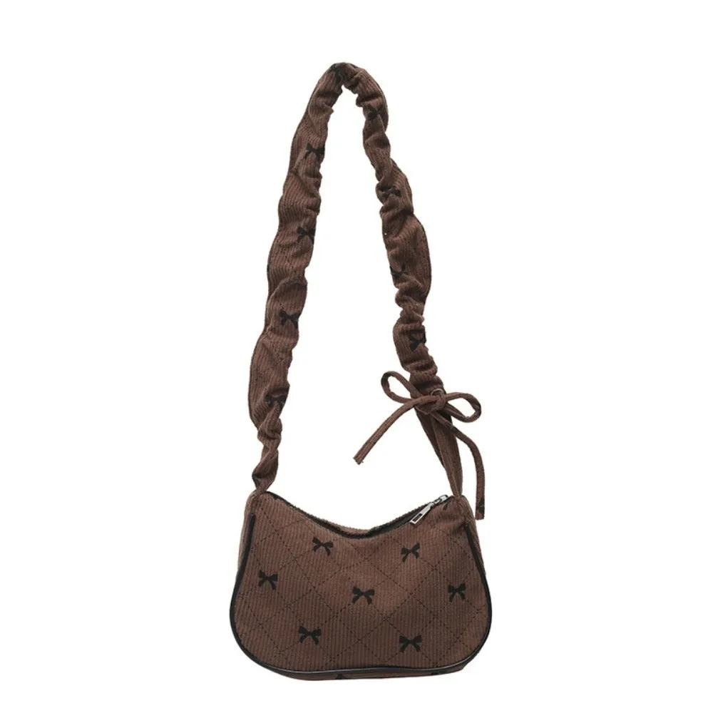 Fashionable Elegant Bowknot Underarm Bag Drawstring Corduroy Zipper Shoulder Bag Small Size All-Match Handbag Evening Use