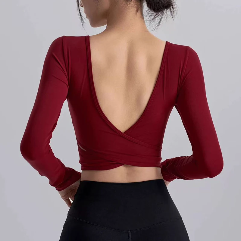 Autumn Slimming Long Sleeved Yoga Top Crossed Back with Fixed Chest Pads for Sports Running Fitness Tight Fitting Shirt image 3