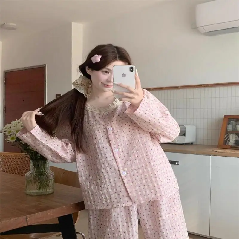French Style Pajamas Women Spring Autumn Sweet Floral Lace Trim Round Neck Long Sleeve Long Pants Homewear Loungewear Set Cozy
