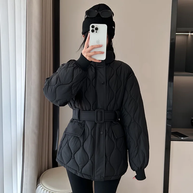 Women Parkas Belt Cinched Waist Thick Warm Jacket Casual Zipper Stand Collar Pockets Jackets Elegant Coat Autumn Winter 2025