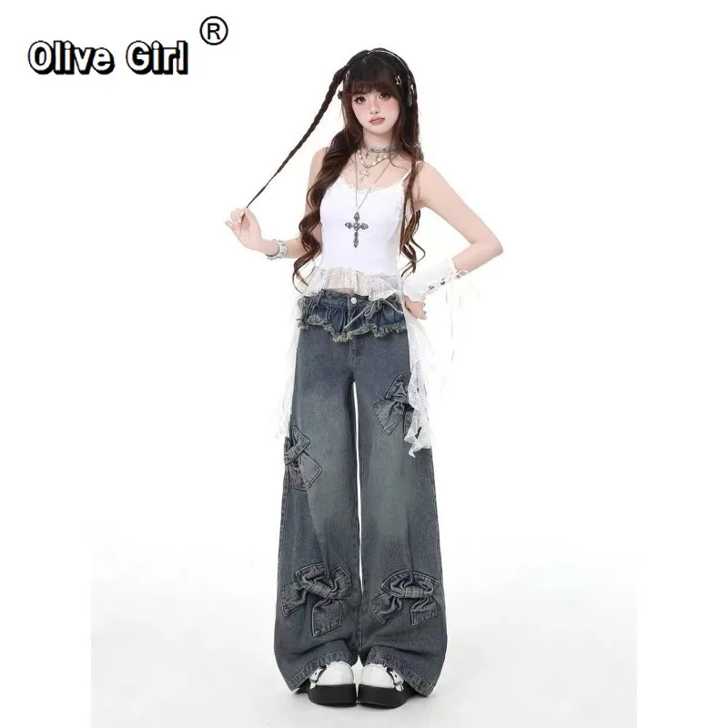 Olivegirl-pantalones vaqueros con lazo Y2k para mujer, pantalón vaquero Retro americano Harajuku, pantalones holgados de pierna ancha con retales de gran tamaño