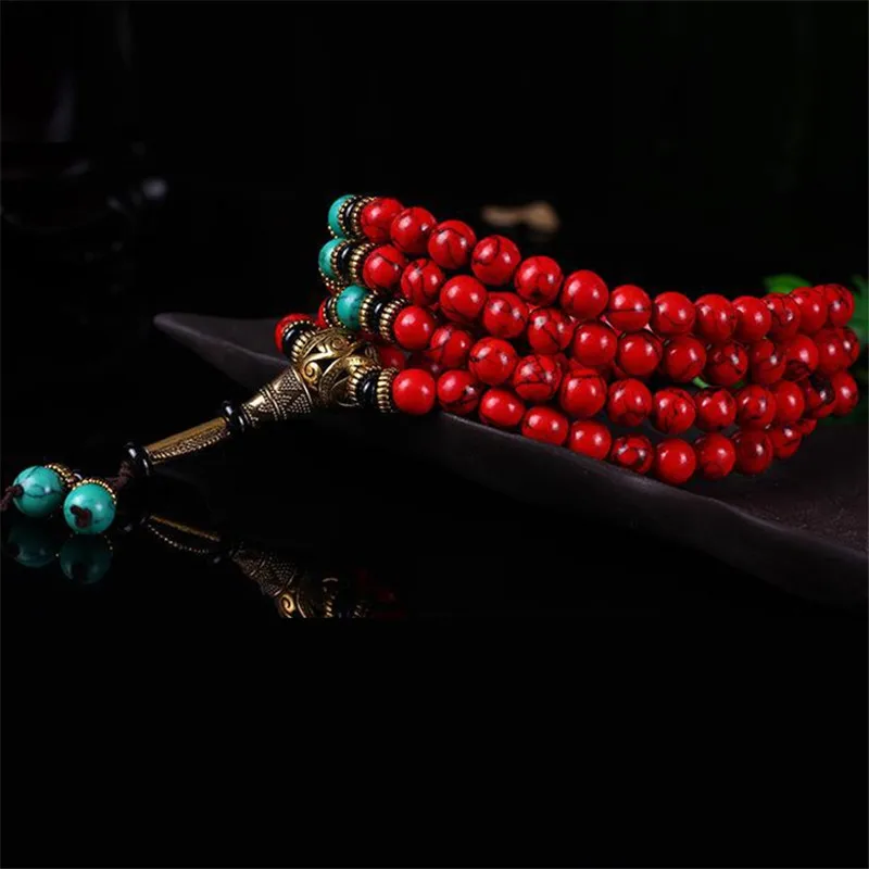 Charms Yoga 108 Red Turquoise Stone With Tassel Bracelet Hand Knotted Buddha Prayer Beads Meditation Mala Necklaces Bracelets