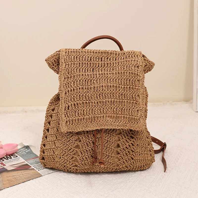 Women\'s Straw Backpack Summer Boho Bohemian Hollow Shoulder Bag Hobo Crochet Woven Travel Bags for Women Knitted Beach Back Pack