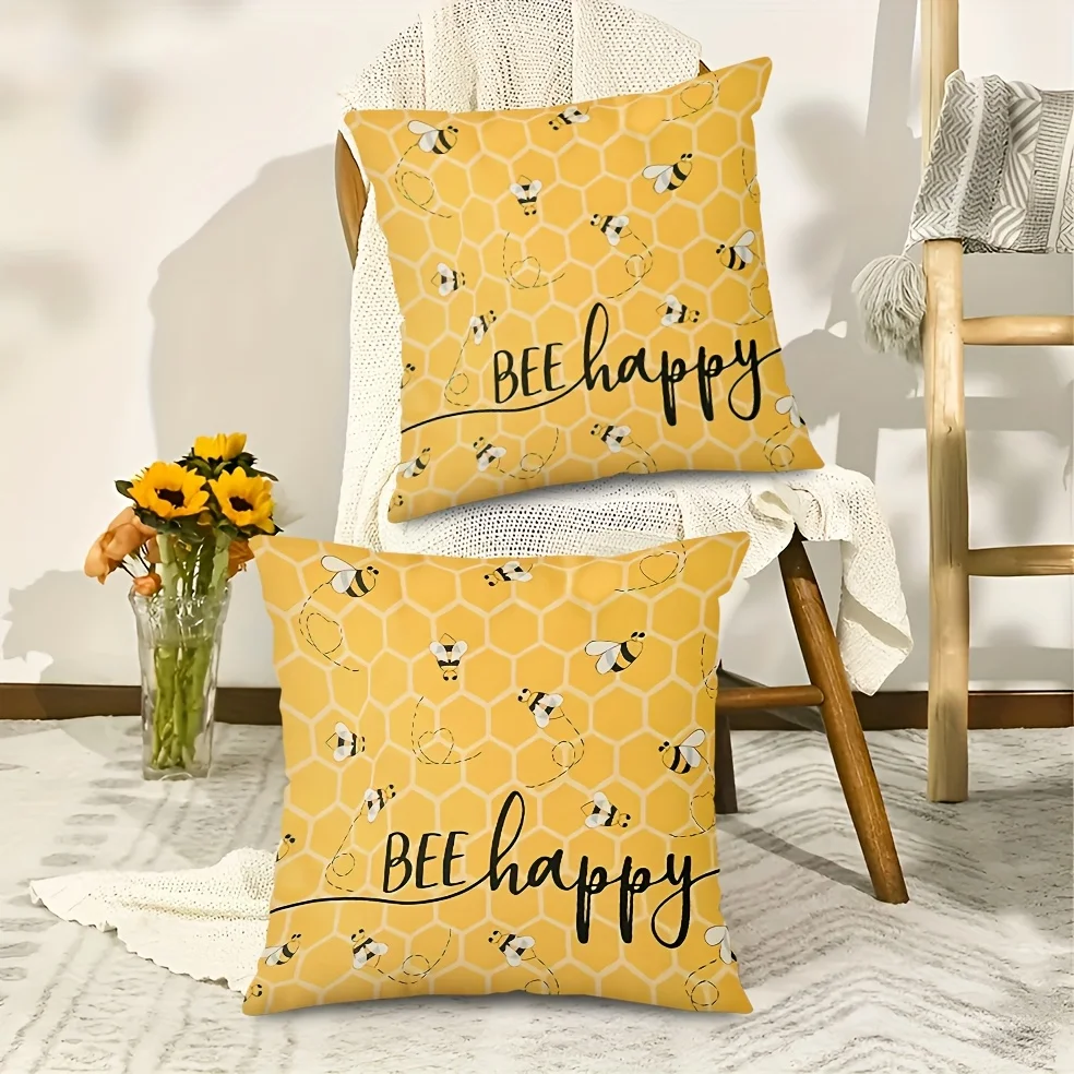 Honeycomb Bee Motif Cushion Covers Zippered Machine-Washable Contemporary Farmhouse Style Bee Decorative Square Covers