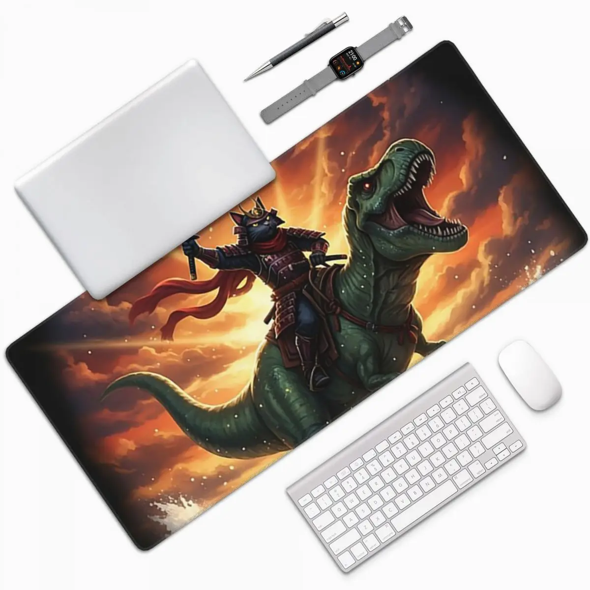 Samurai Cat Riding A Dinosaur Large Mouse Pad Computer Keyboard Mouse Mat Gamer PC Laptop Desk Mat Office Accessories Table Mats