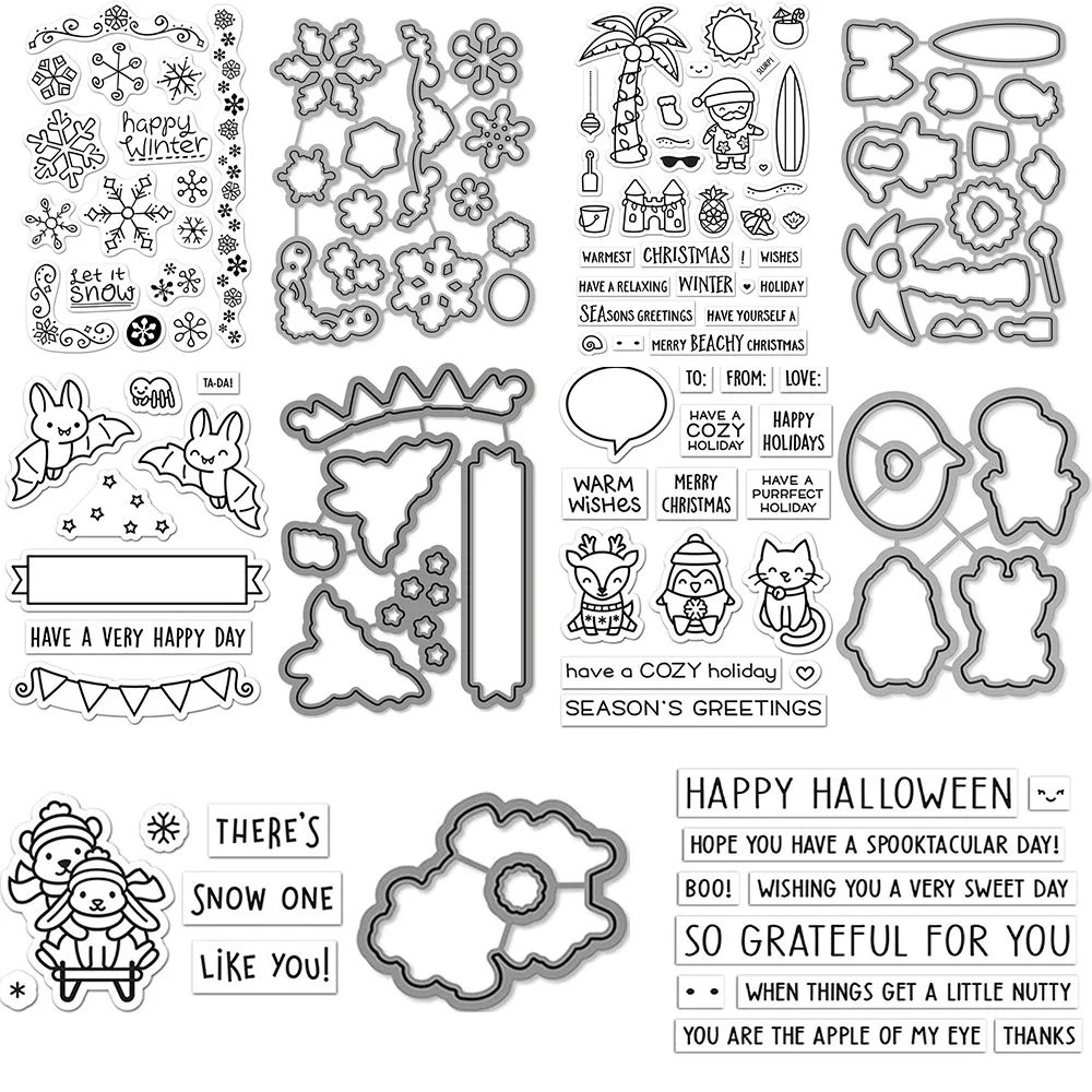 Beachy Christmas Holidays Critters Clear Stamps and Dies Frosties Snowflakes Stamps Set for DIY Scrapbooking Album Decora Card