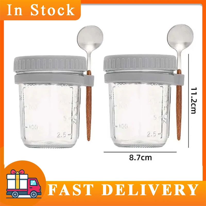 

Стеклянные ночные баночки с овсяными баночками, контейнеры для обеда для хлопьев и салата с крышками и ложкой, многоразовая миска для завтрака с мерными метками, 2 шт.