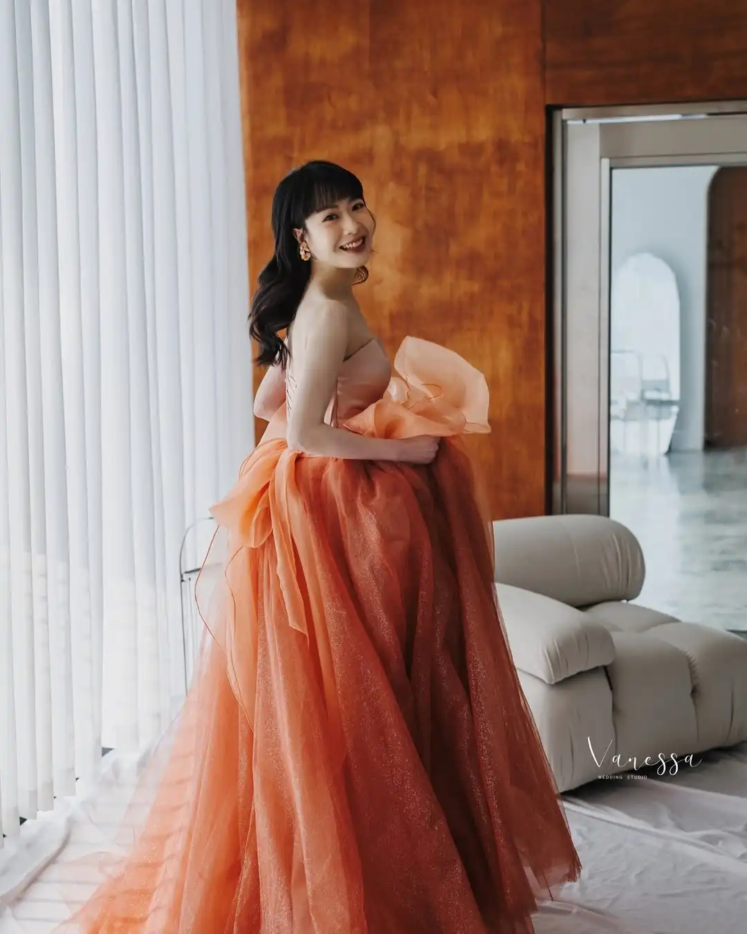 MD 2025 Fairy Orange Strapless Evening Dress Tulle Pleat Korea Photoshoot Floor Length Evening Gown Corset Customised 웨딩드레스