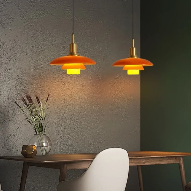 

Danish Designer Creative Lotus LED Pendant Light 3 Layers Orange Glass Chandelier Dining Room Cafe Restaurant Light Fixture