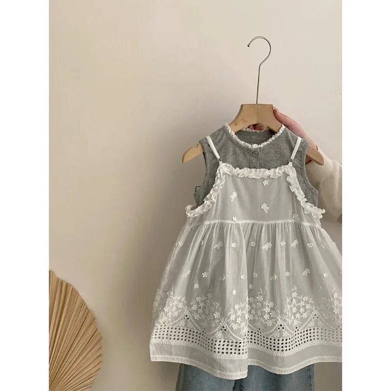 Girls 2026 Summer New Korean Lace Vest Children's Embroidered Lace Suspender Dress Loose Jeans Fashion