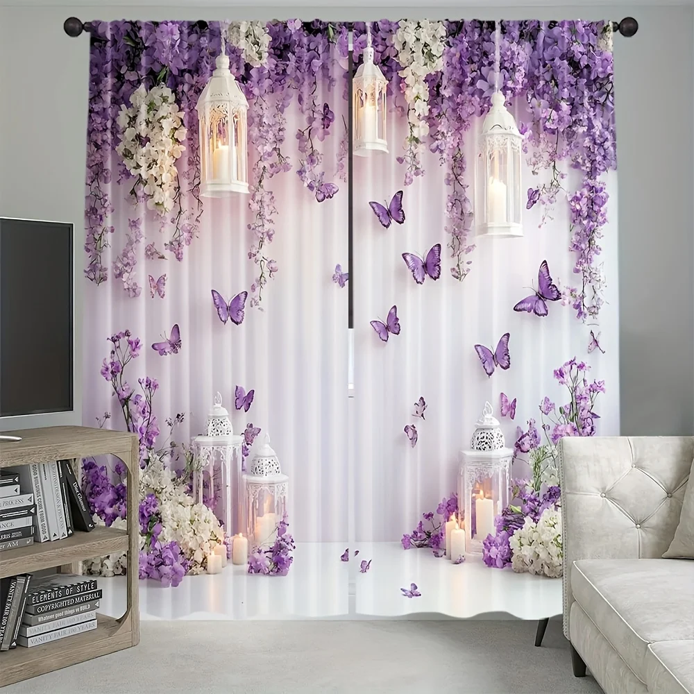 2PCS Retro Floral Butterfly Sheer Curtains – Art Deco Style Polyester, Rod Pocket for Living Room Bedroom Decor