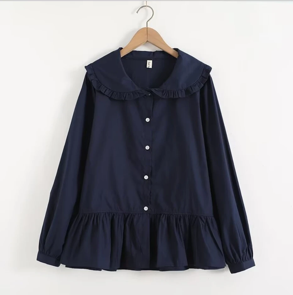 

Spring New Sweet Mori Girl Solid Color Cotton Shirts Women Autumn Preppy Style Peter Pan Collar Long Sleeve Casual Loose Blouse