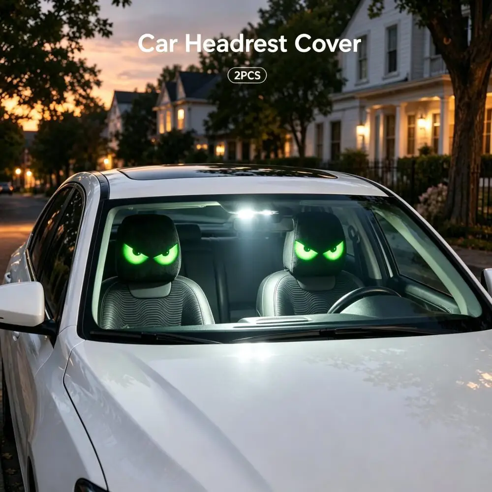 2Pcs Green Fluorescent Eyes Car Headrest Covers, Halloween Themed Decorations, 2D Printed, Highly Elastic Soft Universal