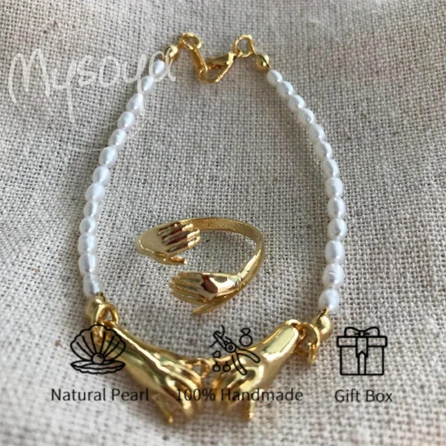 

MYSOYA 5-7mm Rice Shape Freshwater Pearl Bracelet Necklace Set With Gift Box Unisex Jewelry Perfect Gift For Wedding Birthday