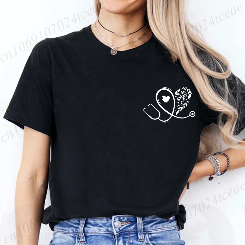 Cute Nurse Floral Stethoscope T-Shirt for Women Female Casual T-Shirts Summer Casual Tops Nursing Fashion Tee Shirts Clothing