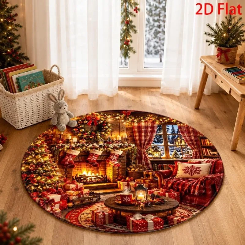 Red Snowflake Round Christmas Rug Santa Sleigh Reindeer Bell Bow Vortex Holiday Decor 80x80cm