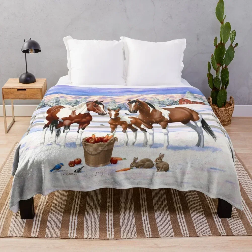 

Bay Pinto Paint Quarter Horses In Winter Snow Throw Blanket All Weather Soft Throw Blanket for Sofa