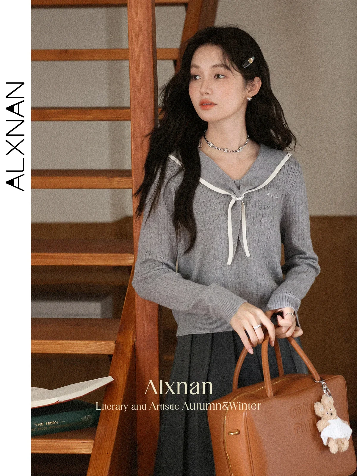 

ALXNAN серый свитер с темно-синим воротником и цветными блоками, вязаные мягкие пуловеры, женские осенние элегантные нежные топы с длинными рукавами L56862