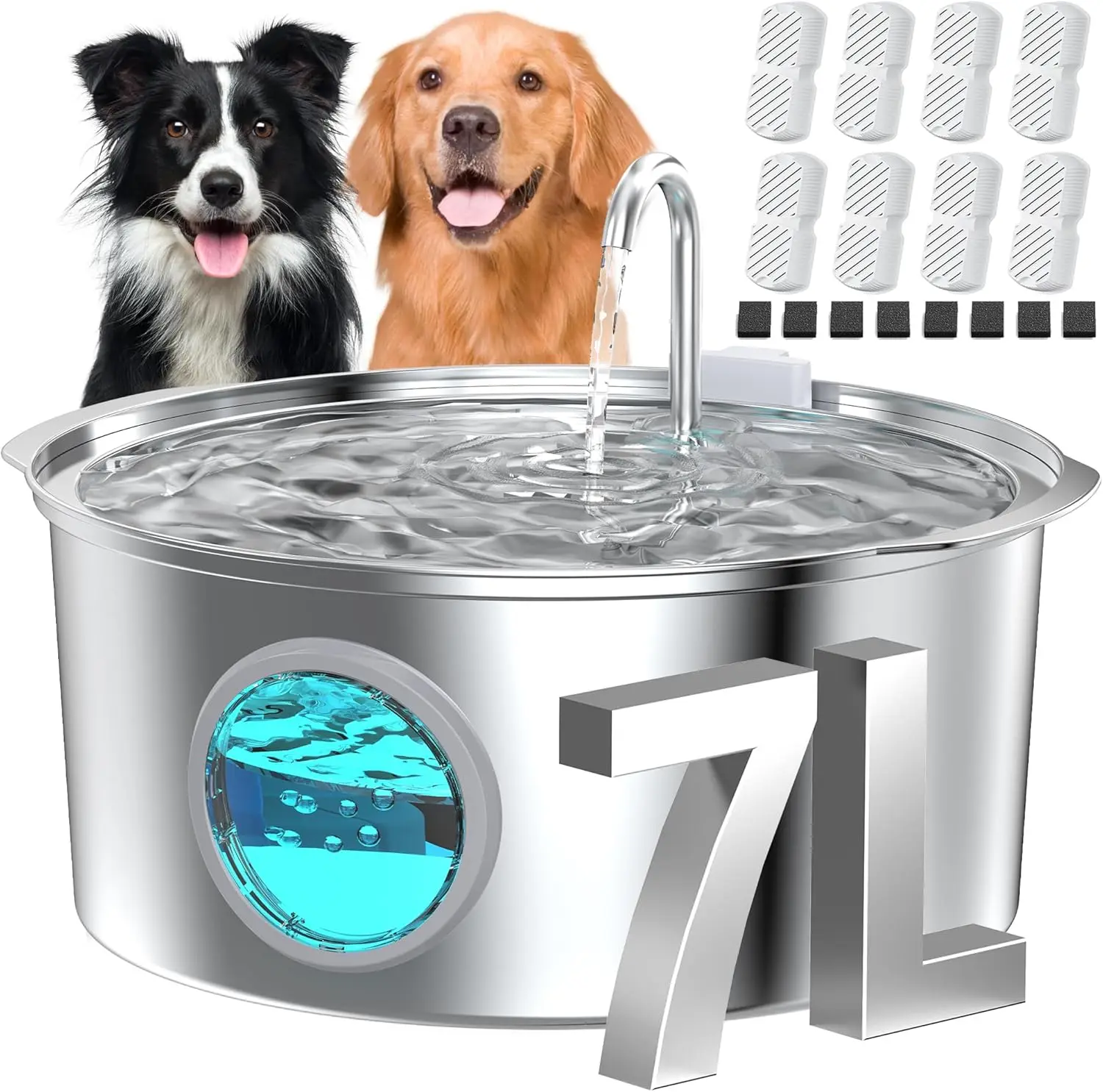 

Large Dog Water Fountain Stainless Steel 1.8Gal Quiet Pet Water Dispenser with 8 Filters - GROOKPET