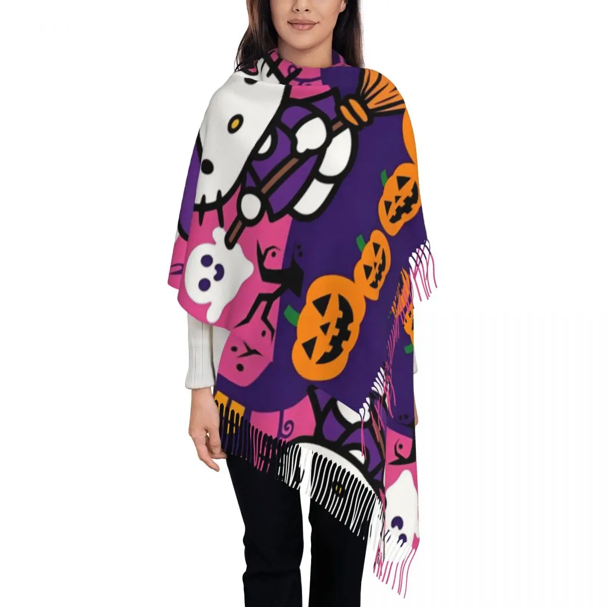 

Женский шарф Hello Kitty на Хэллоуин, теплые зимние шали из пашмины и накидка, длинный большой шарф-шаль ведьмы для вечернего платья