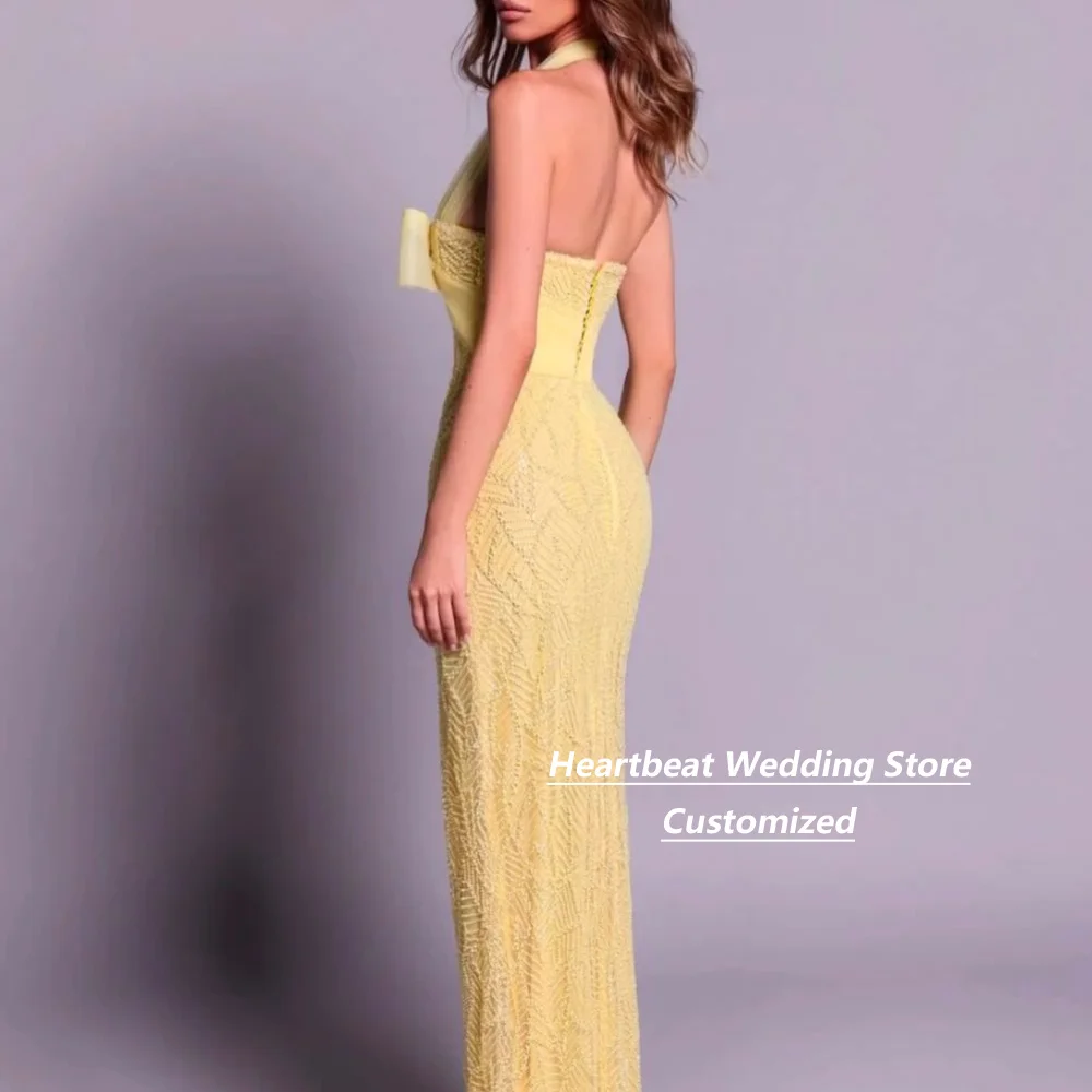 Customized Yellow Bow Beaded Mother Of The Bride Gown Halter Neck Mermaid Sleeveless Backless Floor Length Formal Evening Dress
