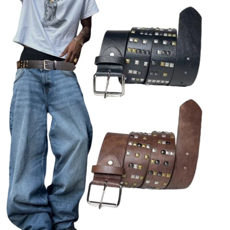 

New Men's Wide Belt Mixed Color Pu Rivet Trendy Metal Belt Spice Girls Fashion Brown Jeans Accessory Belt Black Pin Buckle Belt