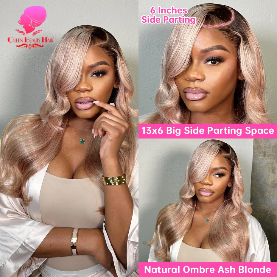 13x6 Ombre Aschblonde Echthaar-Perücke Brasilianische Body Wave Lace Front Echthaar-Perücke Wellige Dunkle Ansätze Aschblonde Lace Frontal Perücken – Detail 2