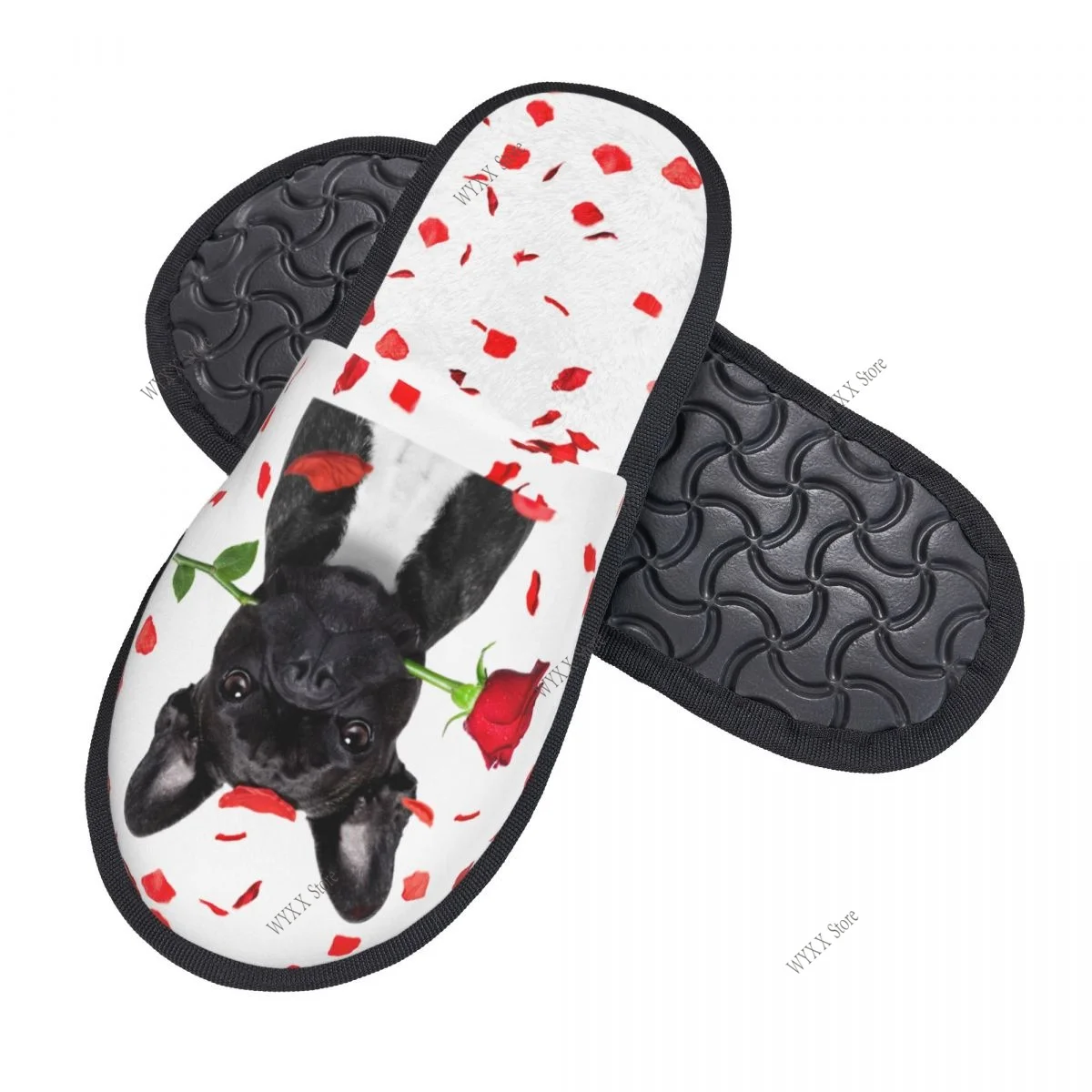 Valentines Day    French Bulldog Dog With Rose Slipper For Women Men Fluffy Winter Warm Slippers Indoor Slippers