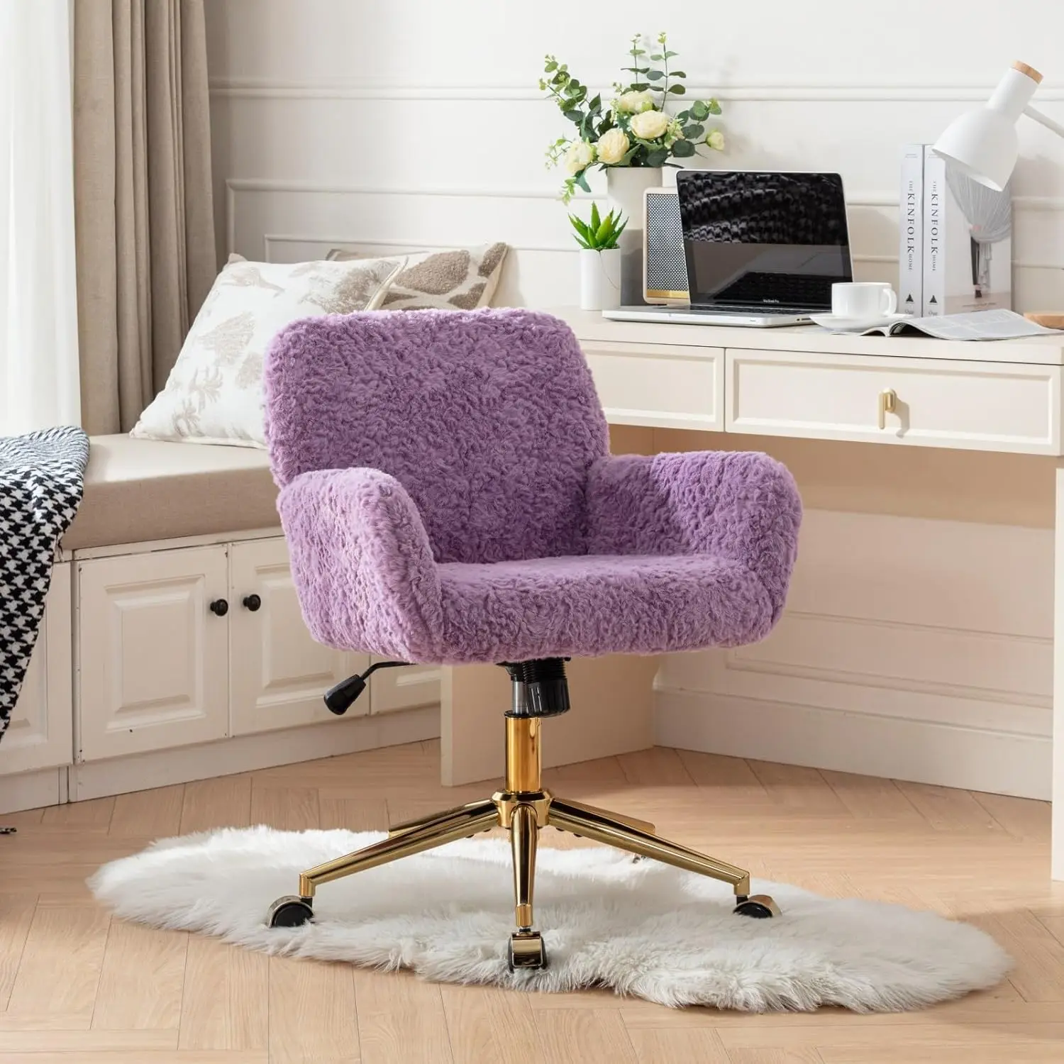 Teens Girls Women Home Office Faux Fur Makeup Vanity Chair with Violet, Wheels, Gold Base, Adjustable Swivel