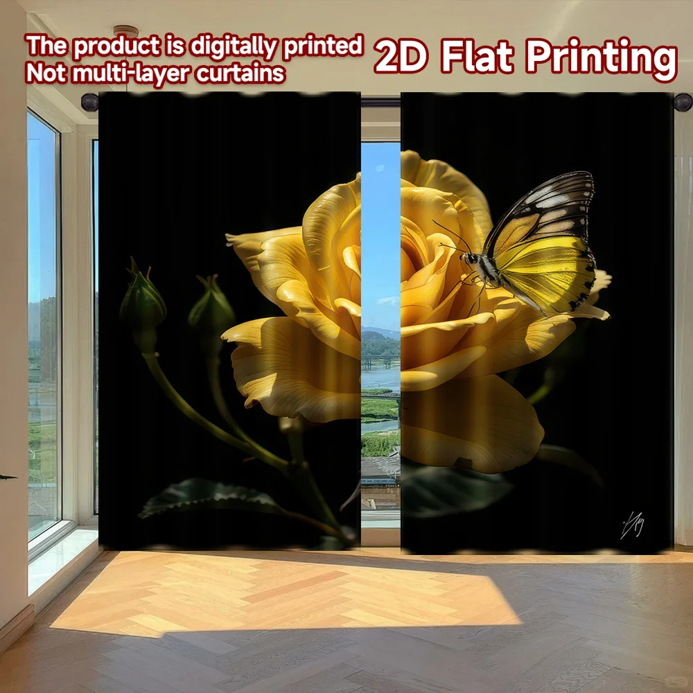 

2D flat printing 2pcs Drapes Butterfly on Yellow Rose Digital Printed Polyester Drapes Birthday Party Perfect for Holiday Home
