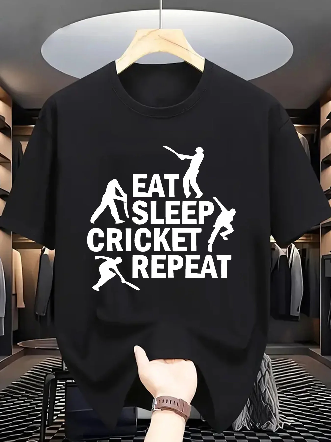 Cricket Silhouette Print Men Short Sleeve Tshirt Eat Sleep Cricket Repeat Text O Neck Tee Sports Fan Male Street Fashion Tops