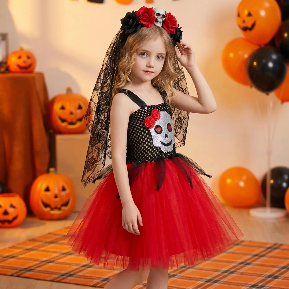 Halloween 2026 Red Black Bride Tutu Dress Fluffy Multi-layer Carnival Outfit Tulle Mesh Dark Tone Lightweight Breathable Apparel