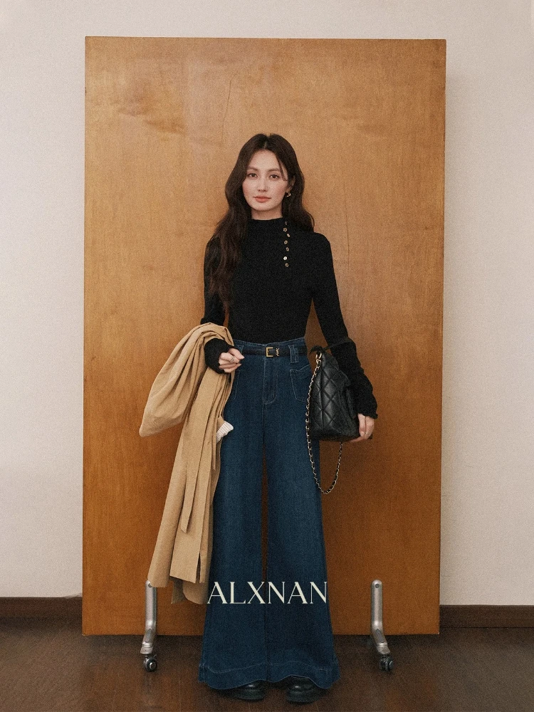 ALXNAN Women's Long-sleeve T-Shirt 2025 New Autumn Inner Lining Turtleneck Button Decoration Slim Versatile Pullover L57528-1