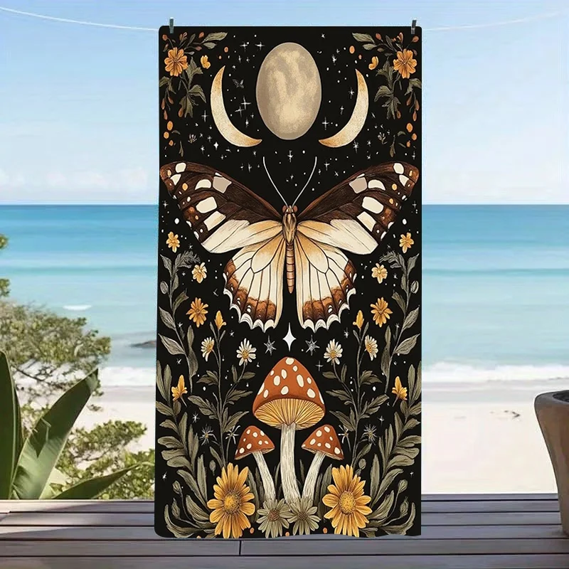 Moon Phase Moth Mushroom Wildflower Print Beach Towel Sand Free Towel Cottagecore Gothic Summer Beach Towel