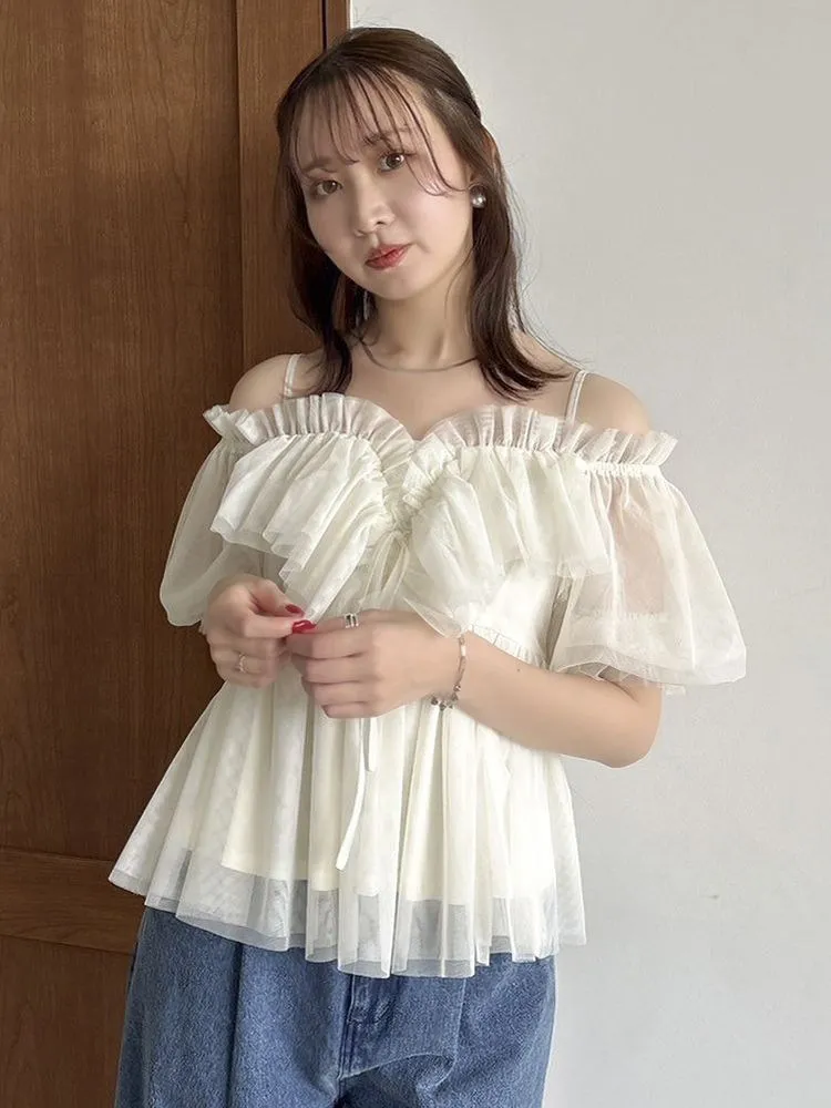 

Japanese Ruffle Edge Off The Shoulder Lantern Short Sleeve Blusas Sweet Lolita Mesh One Word Collar Short Top White Shirt Women