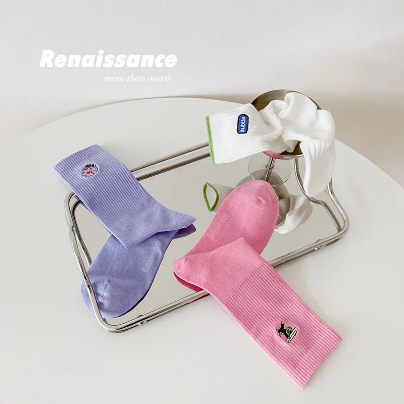3Pair/Lot Embroidery Fashion Woman Men Socks Korea Harajuku Style Kawaii Funny Cartoon Spring Autumn Female Socks Lovely Girl