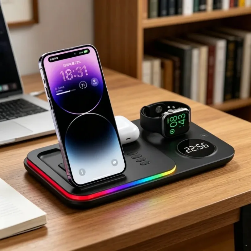 airpods、iphone、samsung-s26-s25対応-ワイヤレス充電スタンド-rgb時計ライト付き-急速充電ステーション-iphone-17-12-pro-max対応