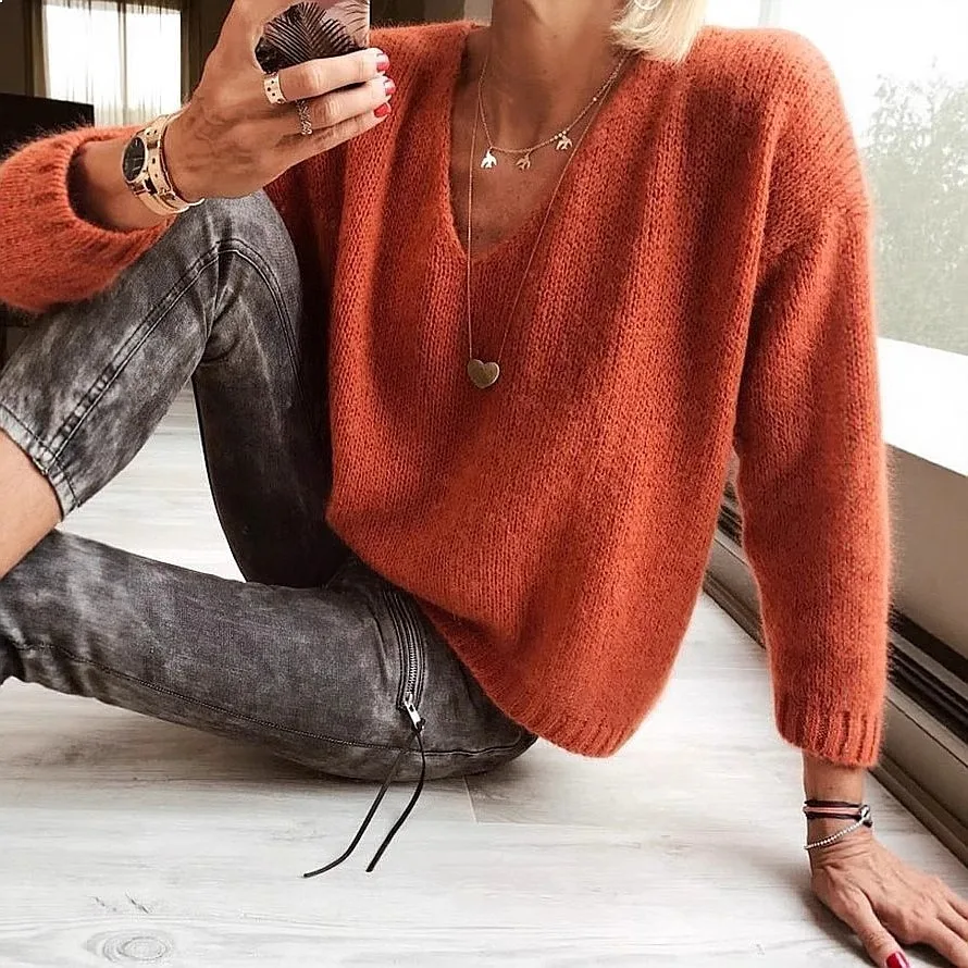 Womens V Neck Loose Oversized Sweater Casual Knit Pullover Tops Spring Summer