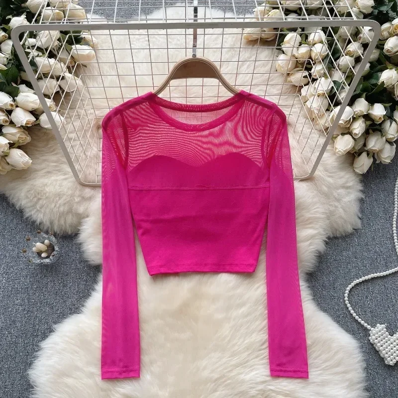 Top corto de manga larga con retazos de malla transparente para mujer, camiseta coreana Sexy delgada, camisa de cuello redondo de moda para mujer,