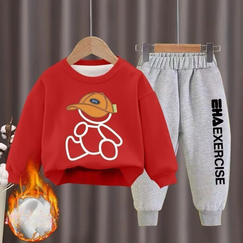 Kids Clothes Boys & Girls Autumn fleece-lined Top & Pants 2 Pieces Sets Teenage Boy & Girl Winter Cartoon Bear Tracksuit Outfit