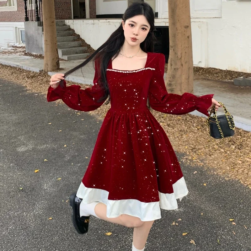 Elegant Party Dresses For Women Christmas 2025 Evening Dresses French Retro Fine Glitter High-Grade Velvet Slim Fit Dress Women