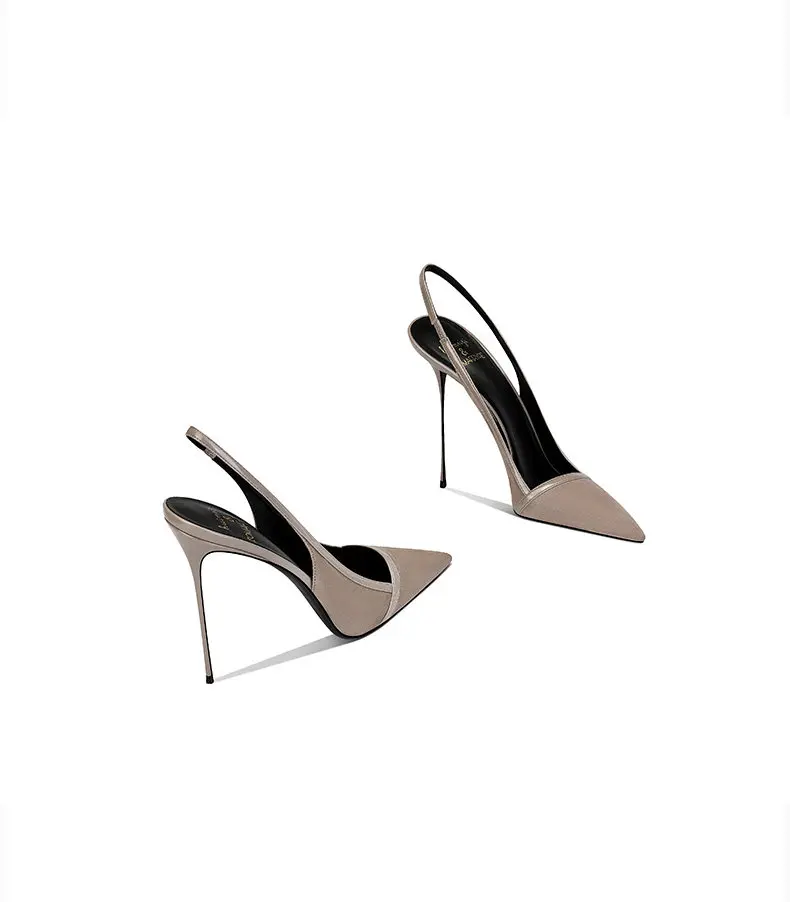Women Khaki Suede Pointed Toe Thin Heel High Heel Sandals Premium Texture Versatile for Party Dress Elegant Fashion view 4
