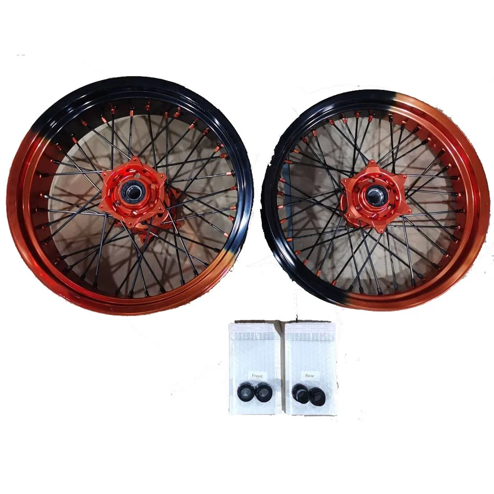 Top Quality 36 Holes Spoked Bi-color Orange Black Rim Supermoto Wheel Set For KTM EXC SXF XC SX