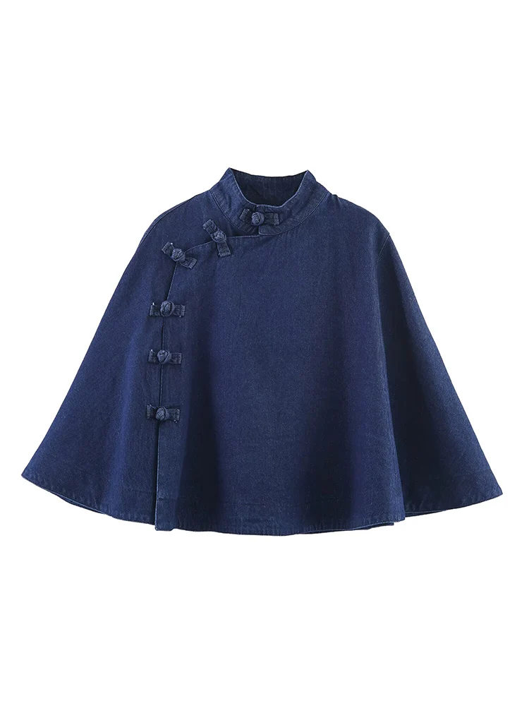 

Новая женская одежда в европейском стиле, модная и универсальная, элегантная однотонная свободная джинсовая накидка с высоким воротником и веревочным узлом.